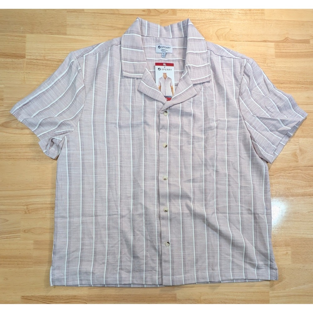 Sperry Mens XL‎ Pink Striped Camp Collar Textured Short Sleeve Button Shirt NEW